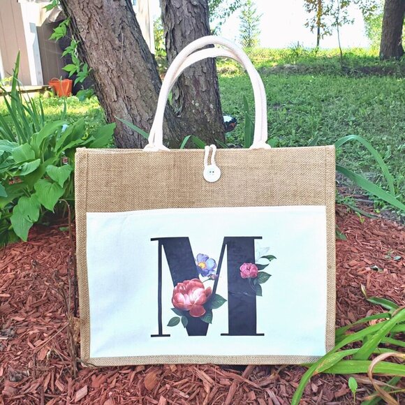 Monogram 'M' Canvas Travel Tote Bag.  Reusable - Grocery, Weekend, Beach Bag - Picture 1 of 16